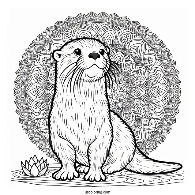 Adult Otter Coloring Page Standing In Front Of Mandala