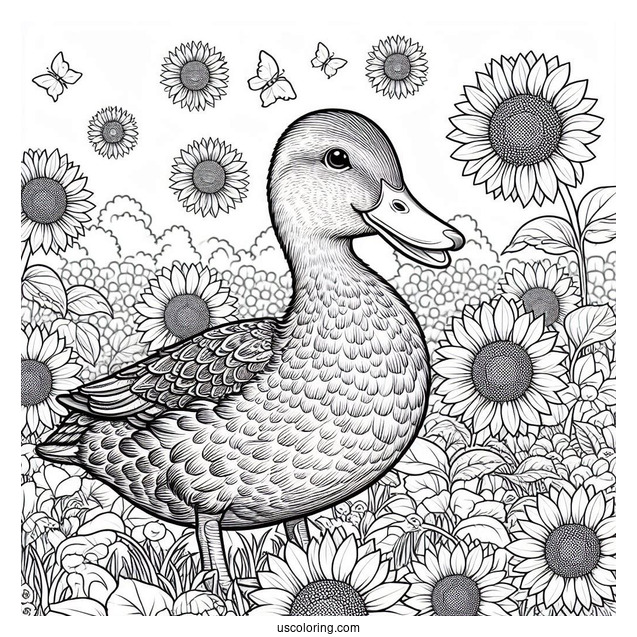 Realistic Duck in a Field of Sunflowers