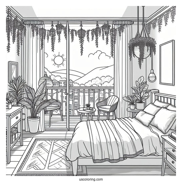 Bedroom Coloring Page With Hanging Plants And Open Balcony