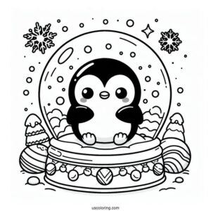 Kawaii Penguin Inside A Snow Globe Coloring Page For Preschoolers