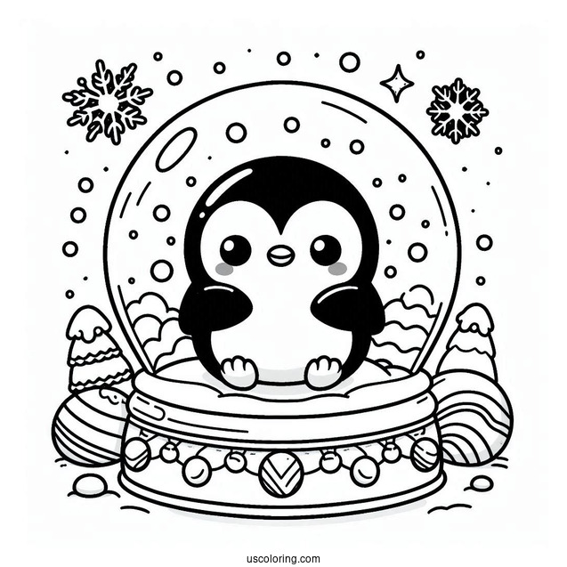 Kawaii Penguin Inside A Snow Globe Coloring Page For Preschoolers