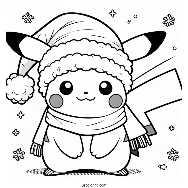 Cute Pikachu Wearing Santa Hat Christmas Coloring Sheet