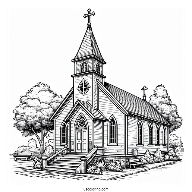 Angled View Of A Small Church Coloring Page Building