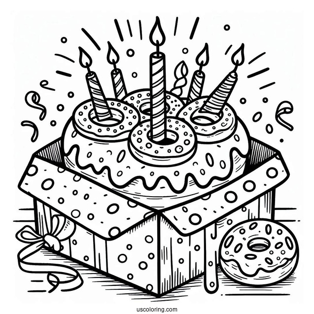 Birthday Donut Coloring Page Popping Out Of A Box