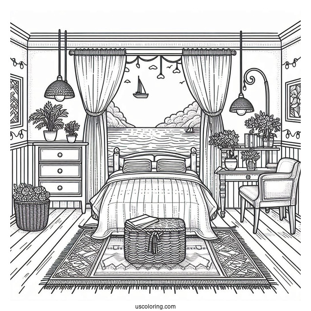 Tidy Bedroom Coloring Page With Scenic Ocean View