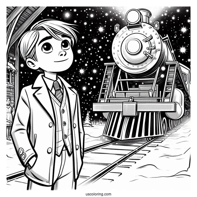 Hero Boy Staring Up At The Polar Express Coloring Page