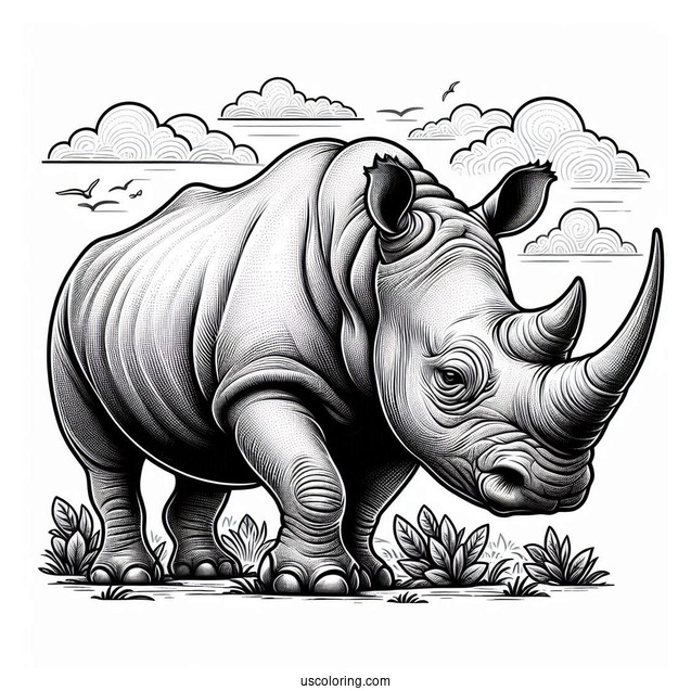 Detailed Black Rhino With Pointy Horns To Color