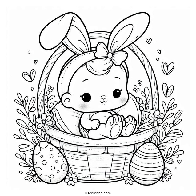 Baby Coloring Page With Bunny Ears In A Basket With Easter Eggs