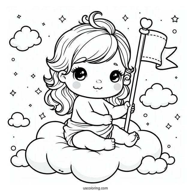 Baby Coloring Page Sitting On A Cloud Holding A Flag