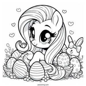Coloring Sheet of Fluttershy With Easter Eggs and Bunny