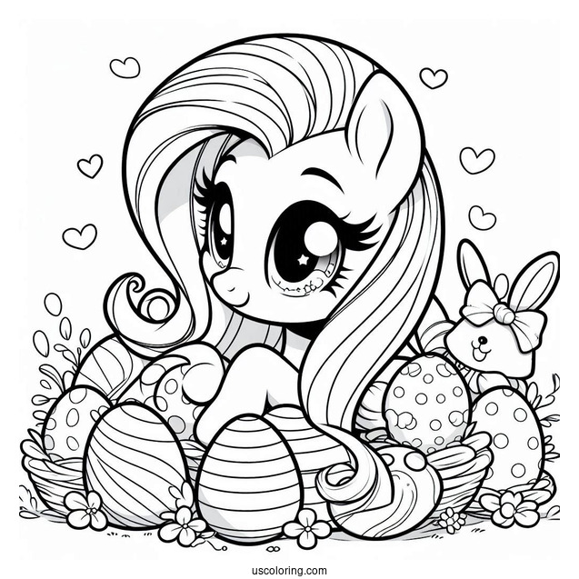 Coloring Sheet of Fluttershy With Easter Eggs and Bunny