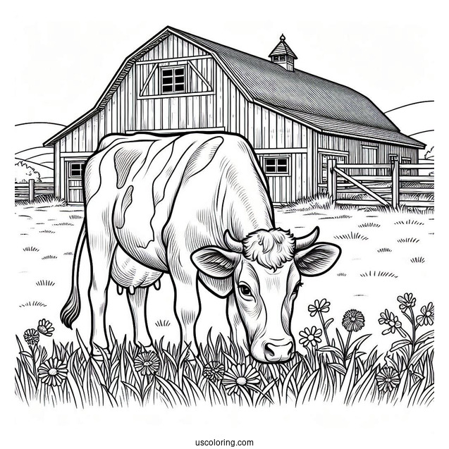 Cow Grazing In Front Of Farm Barn