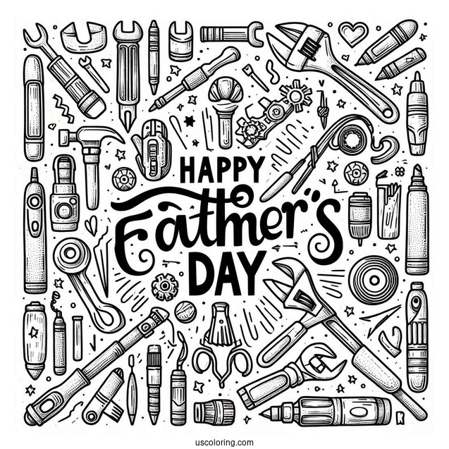 Happy Father's Day Coloring Page Of Words Surrounded By Tools