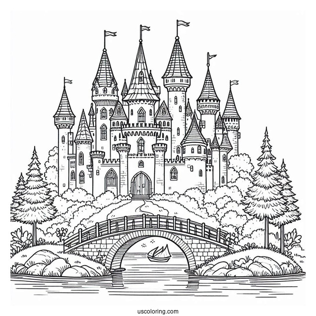 Castle Coloring Page With Bridge Over A River