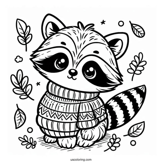 Cute Raccoon Coloring Page In A Sweater In Fall
