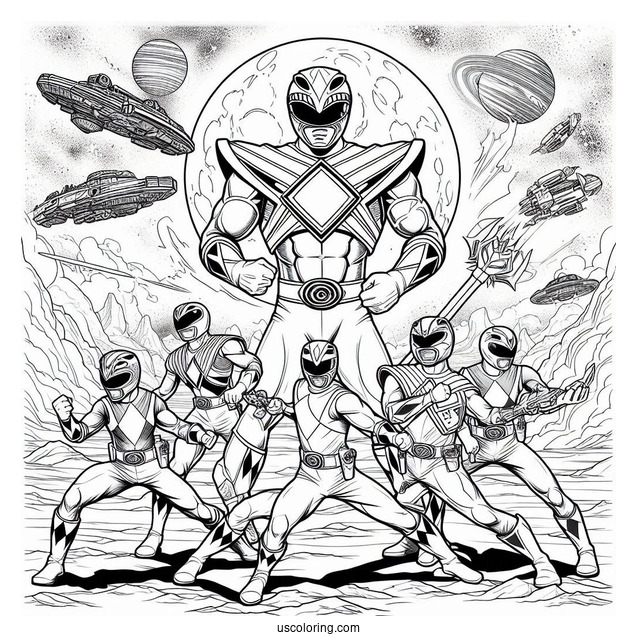 Power Rangers Fighting In Outer Space Coloring Sheet