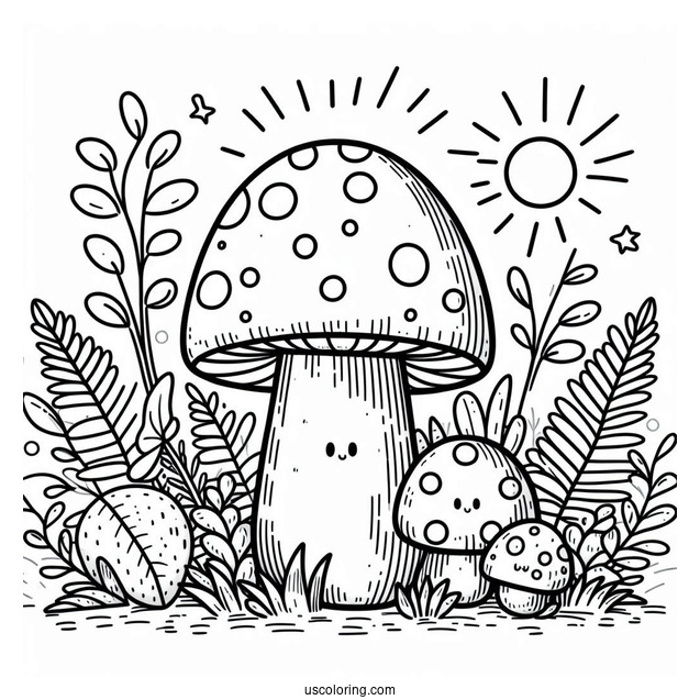 Big And Small Cartoon Mushroom Coloring Page In The Garden For Kids
