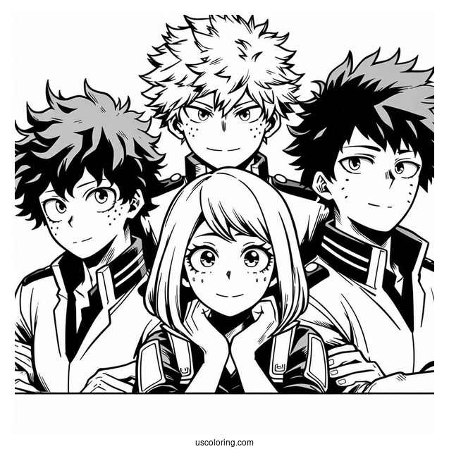 My Hero Academia Coloring Page Of Izuku, Katsuki, Shouto, And Ochako