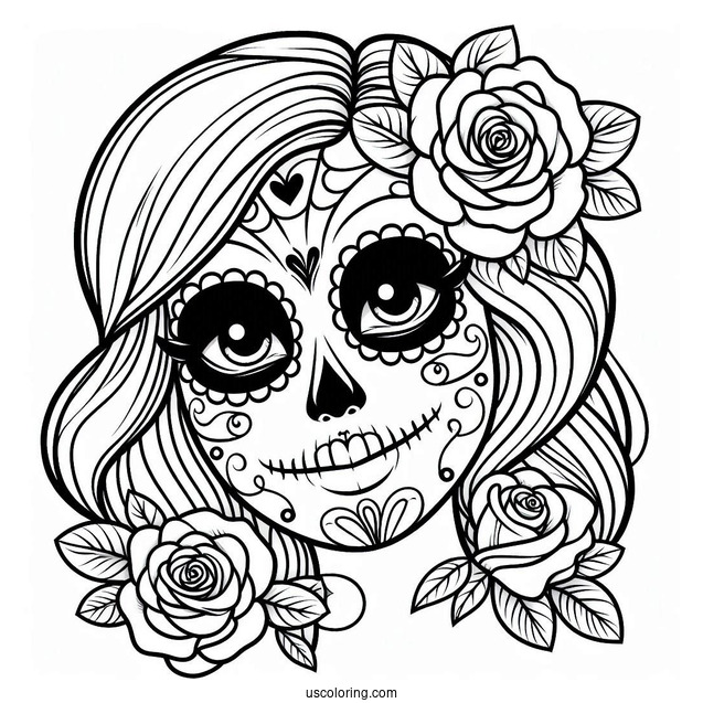 Smiling Female Sugar Skulls Coloring Page With Roses In The Eyes