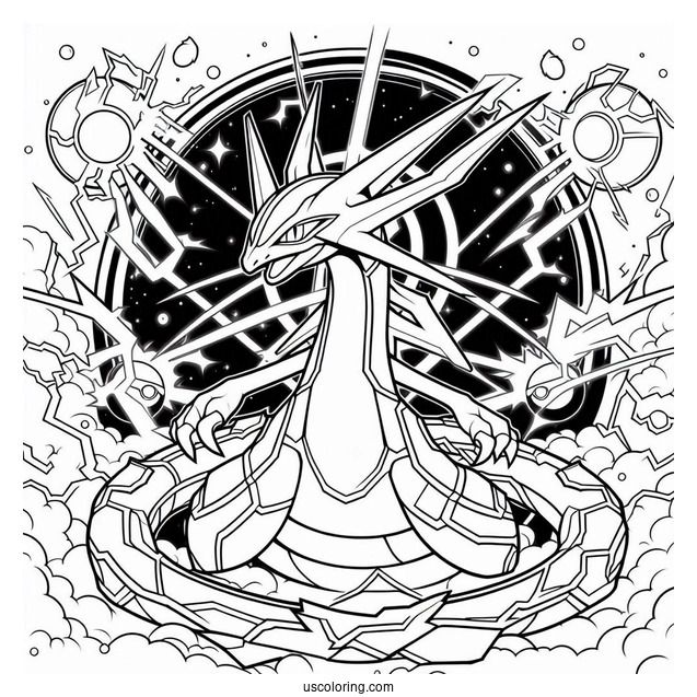 Detailed Mega Rayquaza Coloring Page Surrounded By Electricity