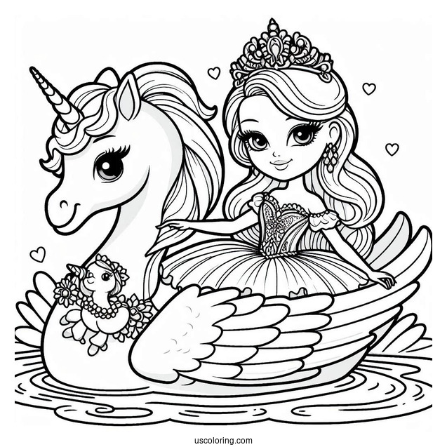 Swan Princess Barbie With Unicorn Coloring Sheet