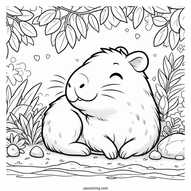Kawaii Capybara Coloring Page Resting In Garden For Kids