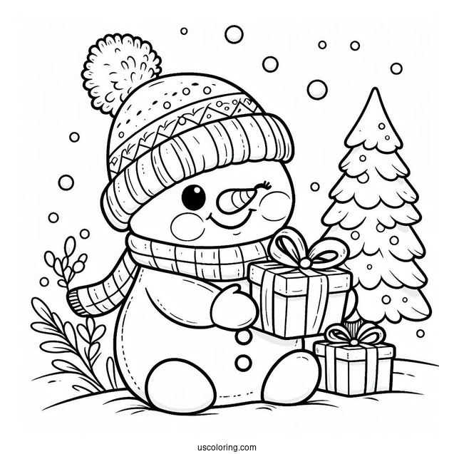 Adorable Snowman Giving a Present To Color