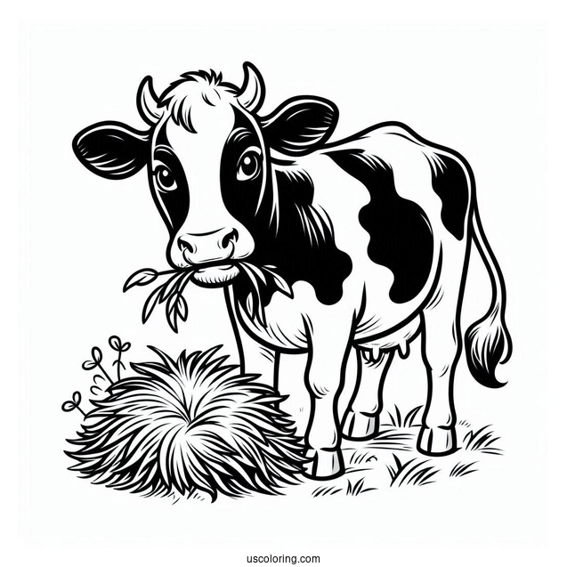 Holstein Cow Eating Grass On Farm Coloring Page