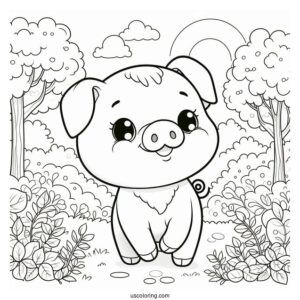 Smiling Piglet Coloring Page In A Forest