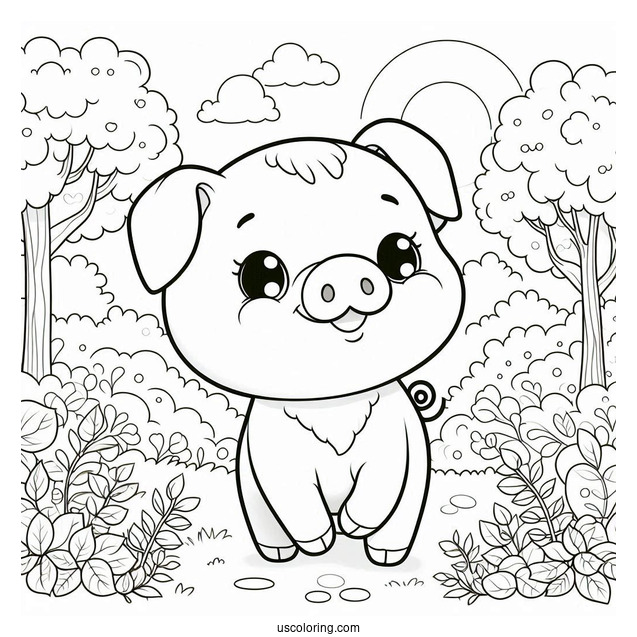 Smiling Piglet Coloring Page In A Forest