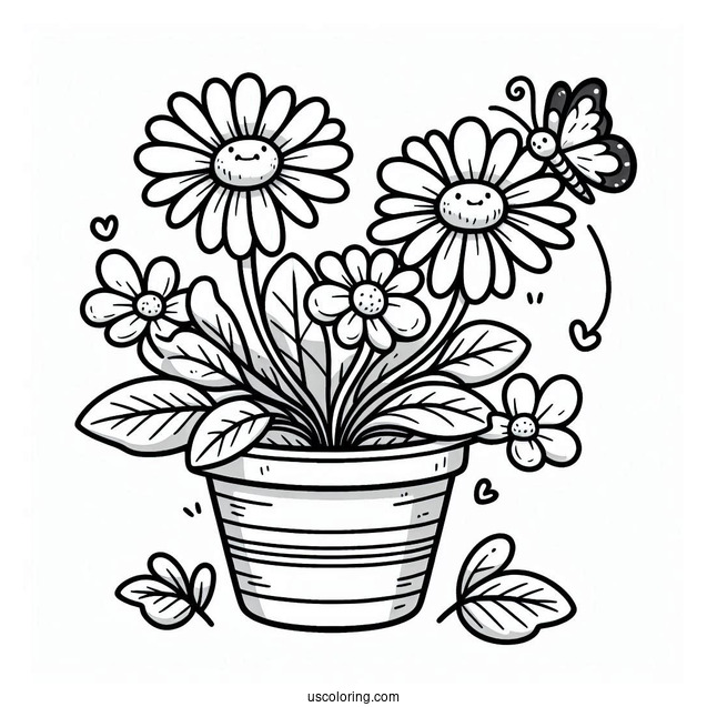 Flower Coloring Pages Of Daisies In Cartoon Pot With Butterfly