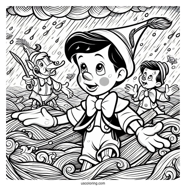 Pinocchio Coloring Page With Jiminiy, Figaro, And Cleo In Stormy Seas