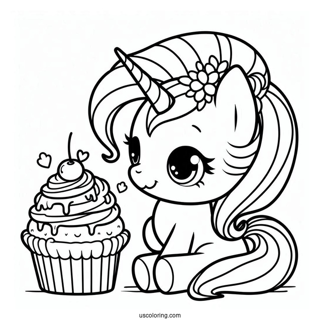 Unicorn My Melody Coloring Page Eating Cupcake