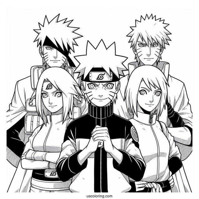 Naruto Coloring Page of Team Seven With Kakashi, Iruka, And Third Hokage