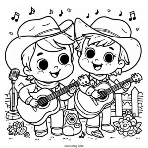 Sing Coloring Page Of Johnny And Ash Playing Music For Preschoolers