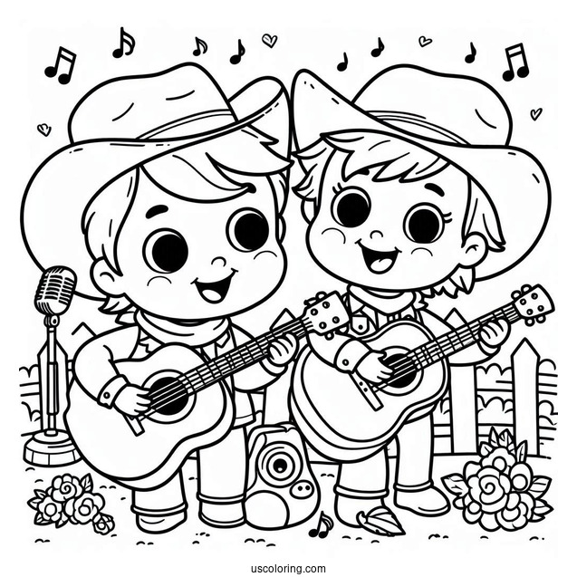 Sing Coloring Page Of Johnny And Ash Playing Music For Preschoolers