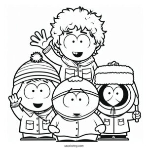 Eric, Kyle, Stan, And Kenny Waving South Park Coloring Page