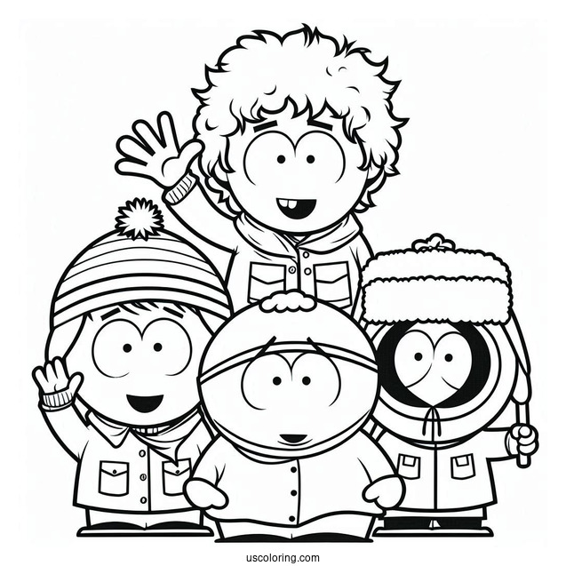 Eric, Kyle, Stan, And Kenny Waving South Park Coloring Page