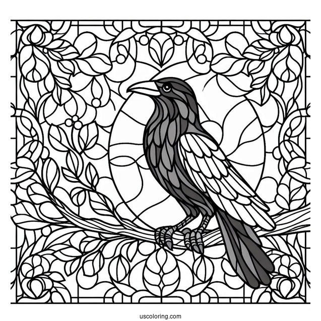 Raven Perched On A Branch Stained Glass Coloring Page For Kids