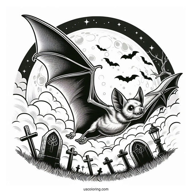 Realistic Bats Coloring Page Flying In Cemetery