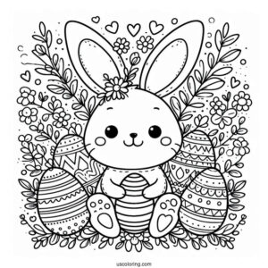 Cute Easter Bunny Coloring Page Surrounded By Eggs