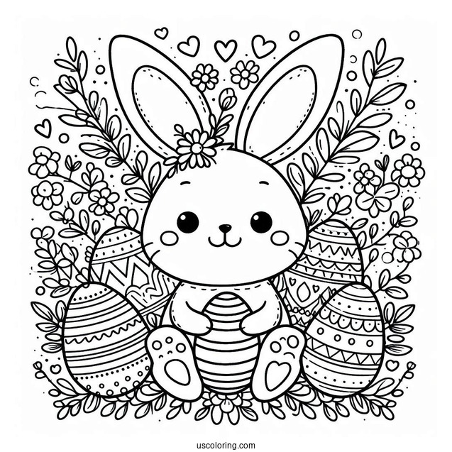 Cute Easter Bunny Coloring Page Surrounded By Eggs