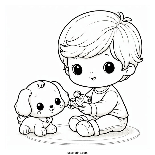 Precious Moments Coloring Page Of Little Boy With Toy Dog For Kids