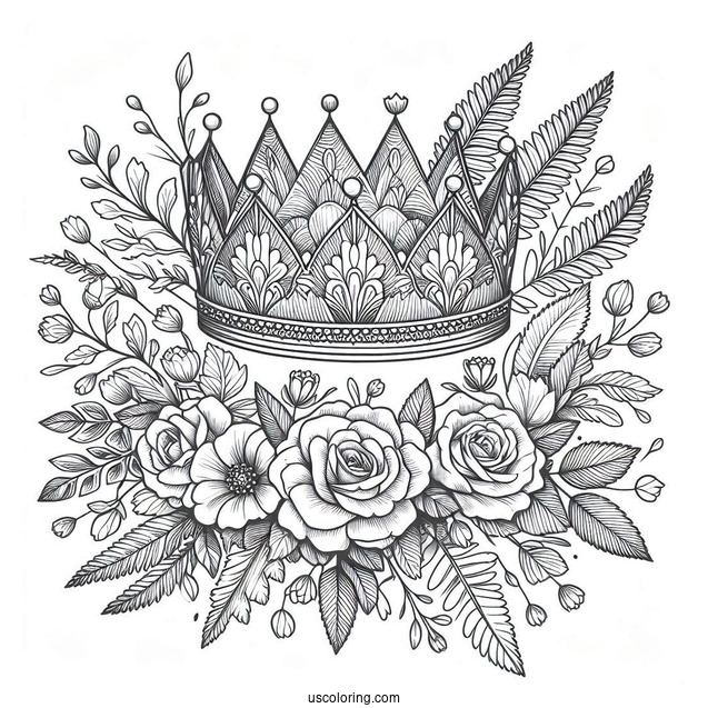 Detailed Flower Crown Coloring Page Surrounded by Roses and Fern Leaves