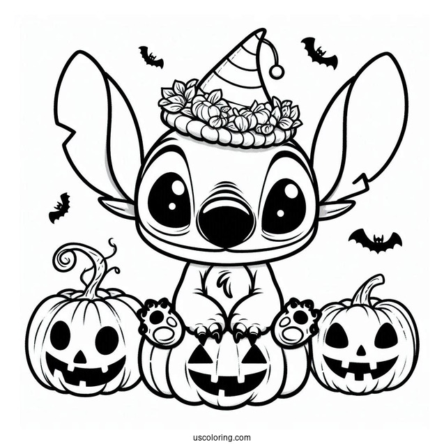 Kawaii Halloween Themed Stitch With Pumpkin To Color