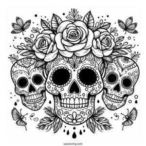 Easy Sugar Skulls Coloring Page Design With Roses On The Head