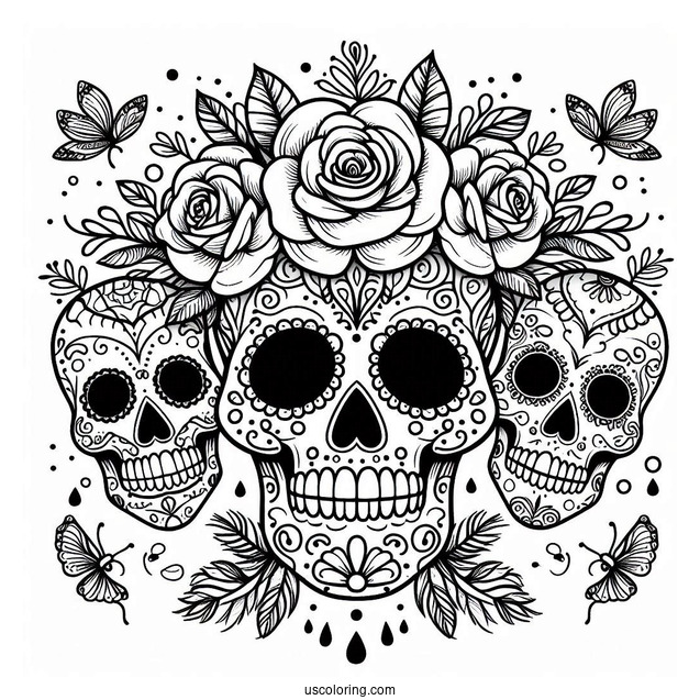 Easy Sugar Skulls Coloring Page Design With Roses On The Head