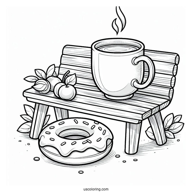 A Mug Of Coffee Sitting With A Donut Coloring Page On A Bench