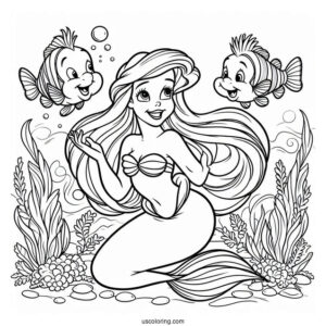Ariel With Sebastian And Flounders Coloring Sheet