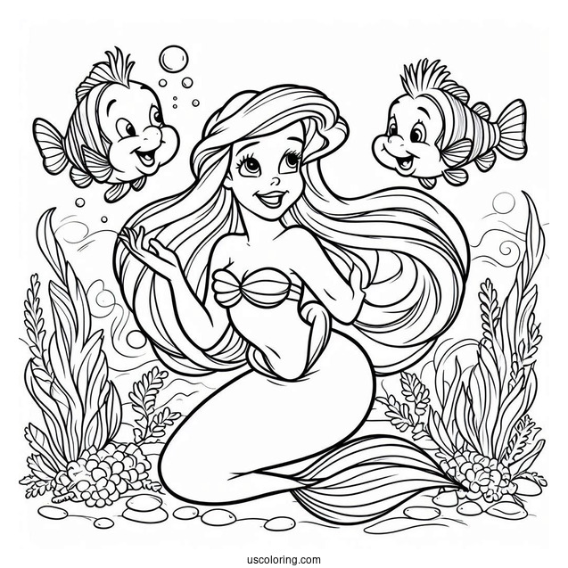 Ariel With Sebastian And Flounders Coloring Sheet